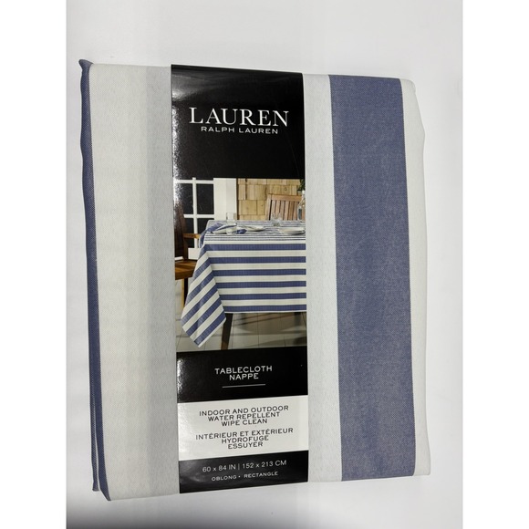 Ralph Lauren RL Navy Blue /Cream White 60X84 striped in/outdoor tablecloth New - Picture 2 of 4